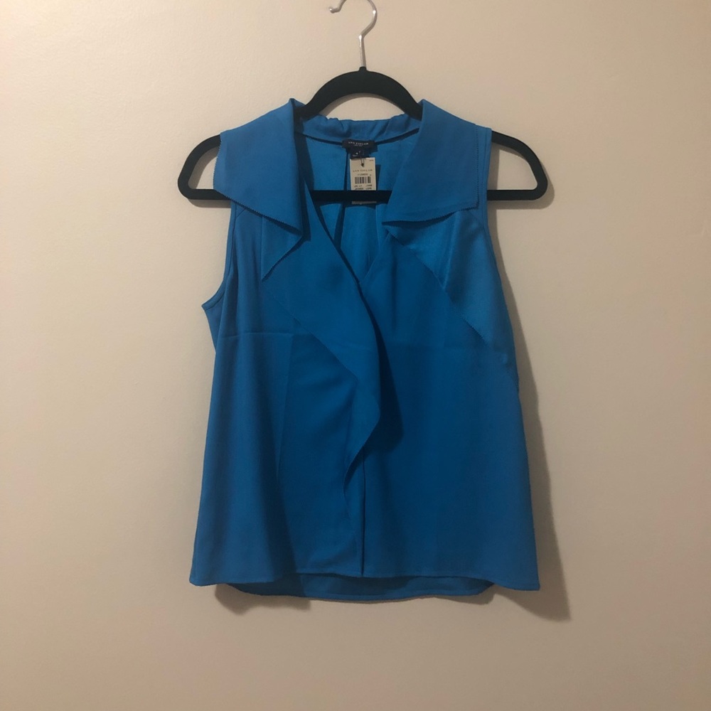 Ann Taylor blue button down ruffle tank top
